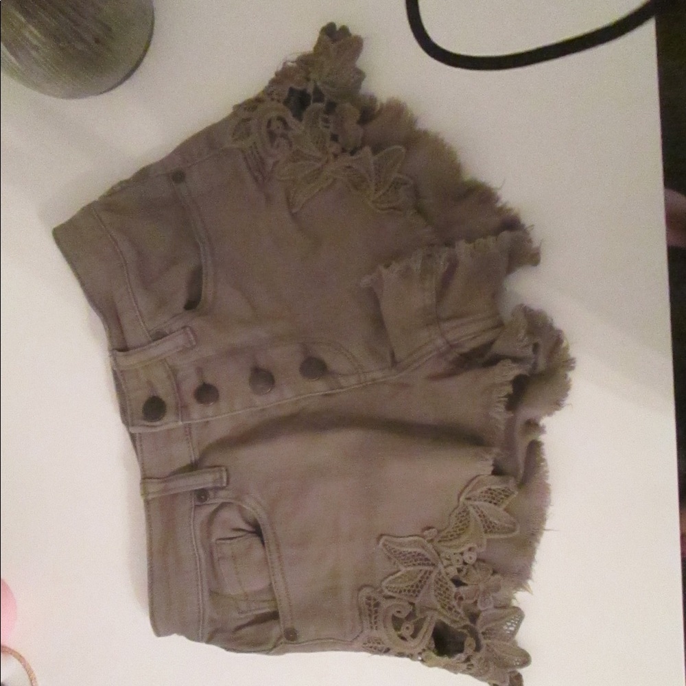 Olive green high wasted shorts with lace edges